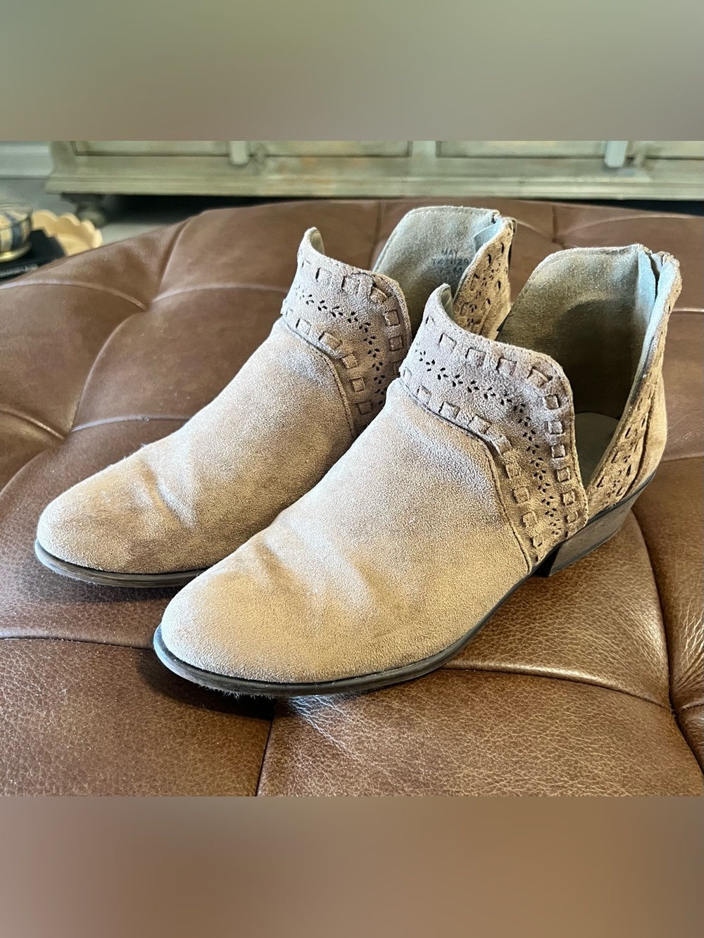 Suede Cutout Ankle Booties in Taupe size 7 1/2